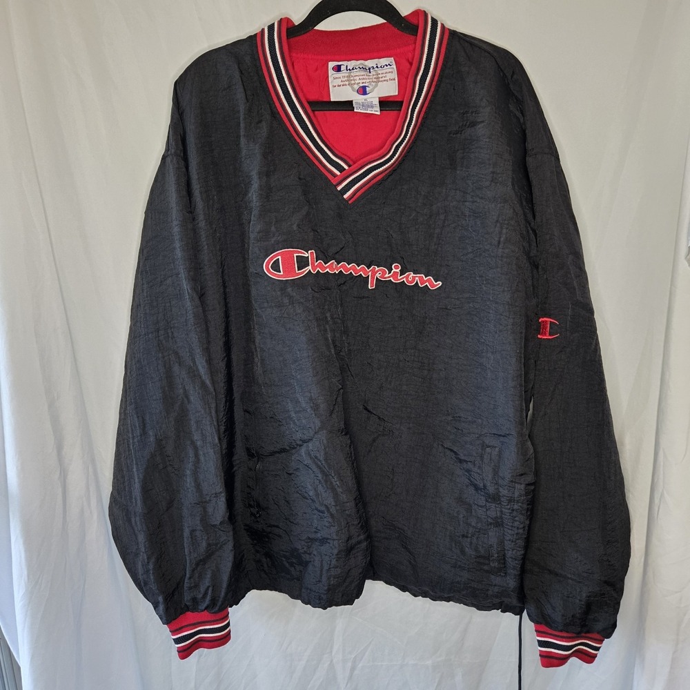 Vintage Champion Jacket Pullover Windbreaker VTG 90s Men's XL Black Zip Pockets